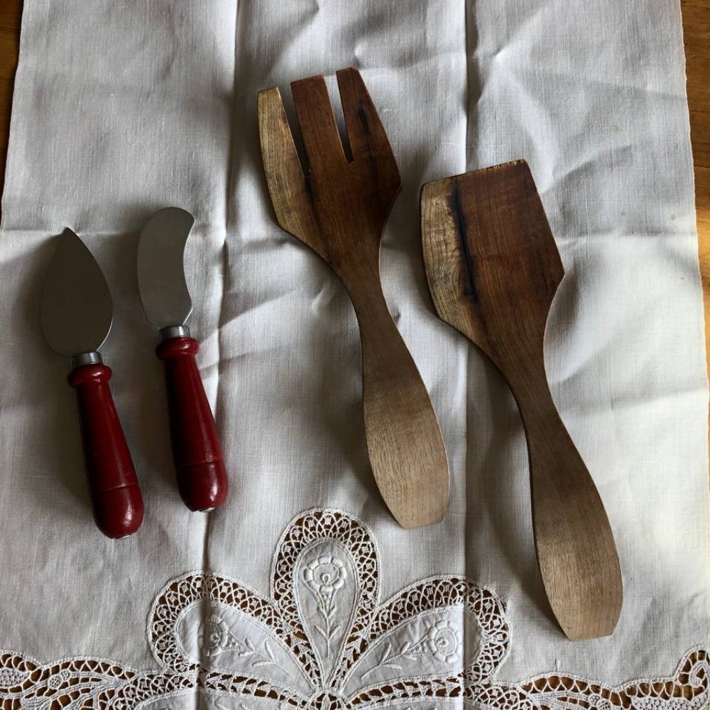 Salad Serving Wooden Spoons and Wood Handle Cheese Tools Total 4 pieces